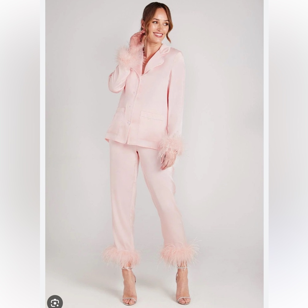 Nadine Merabi Pink Feather Trim Pajama Set